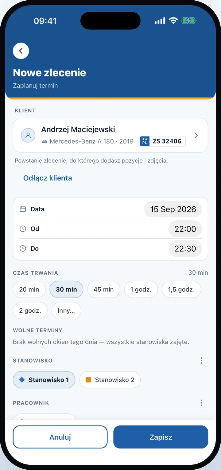 Ekran „Nowe zlecenie” w aplikacji — klient z autem, data, godziny od–do, chipy czasu trwania i wybór stanowiska