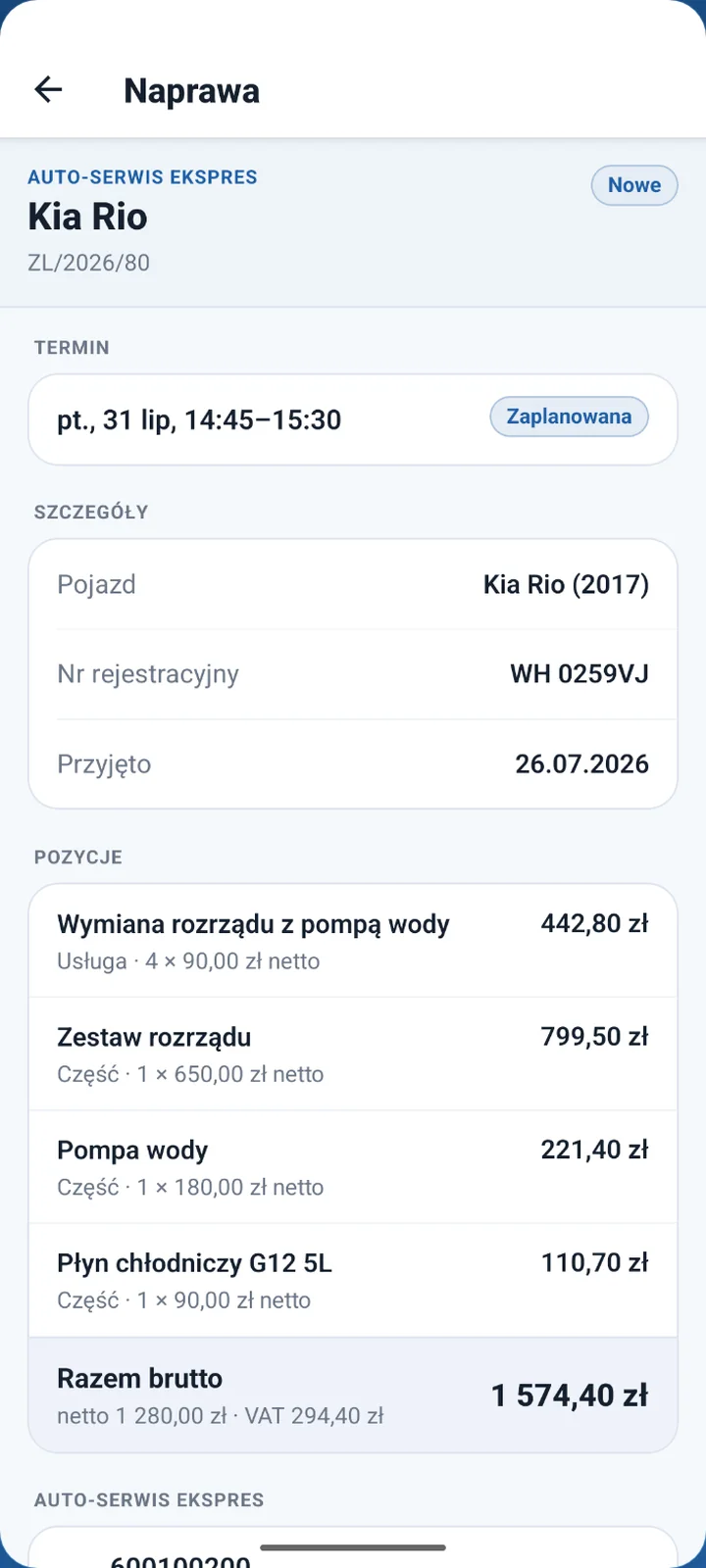 Szczegóły naprawy w portalu klienta — termin, pojazd, pozycje z cenami i suma brutto