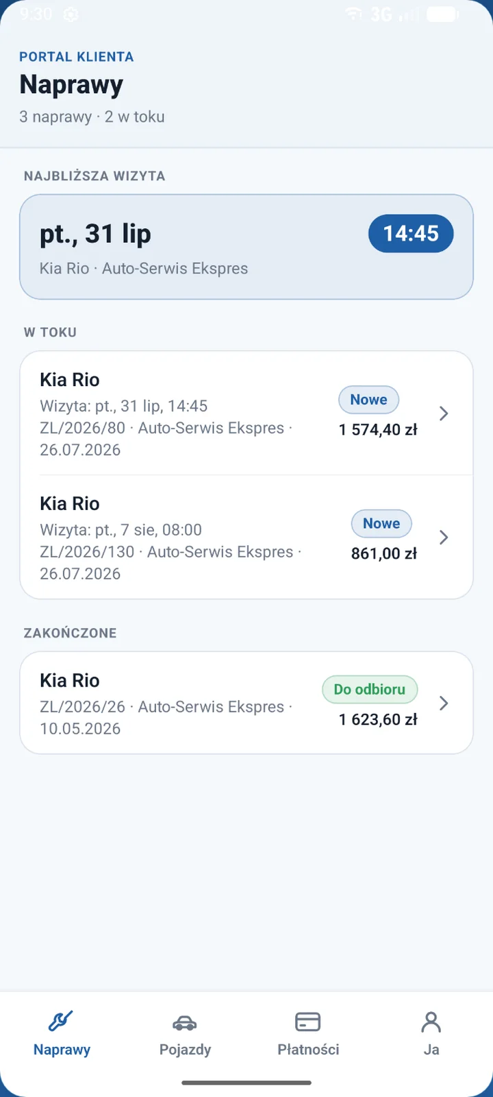 Portal klienta w aplikacji — zakładka Naprawy: najbliższa wizyta, naprawy w toku ze statusem i kwotą, zakończone