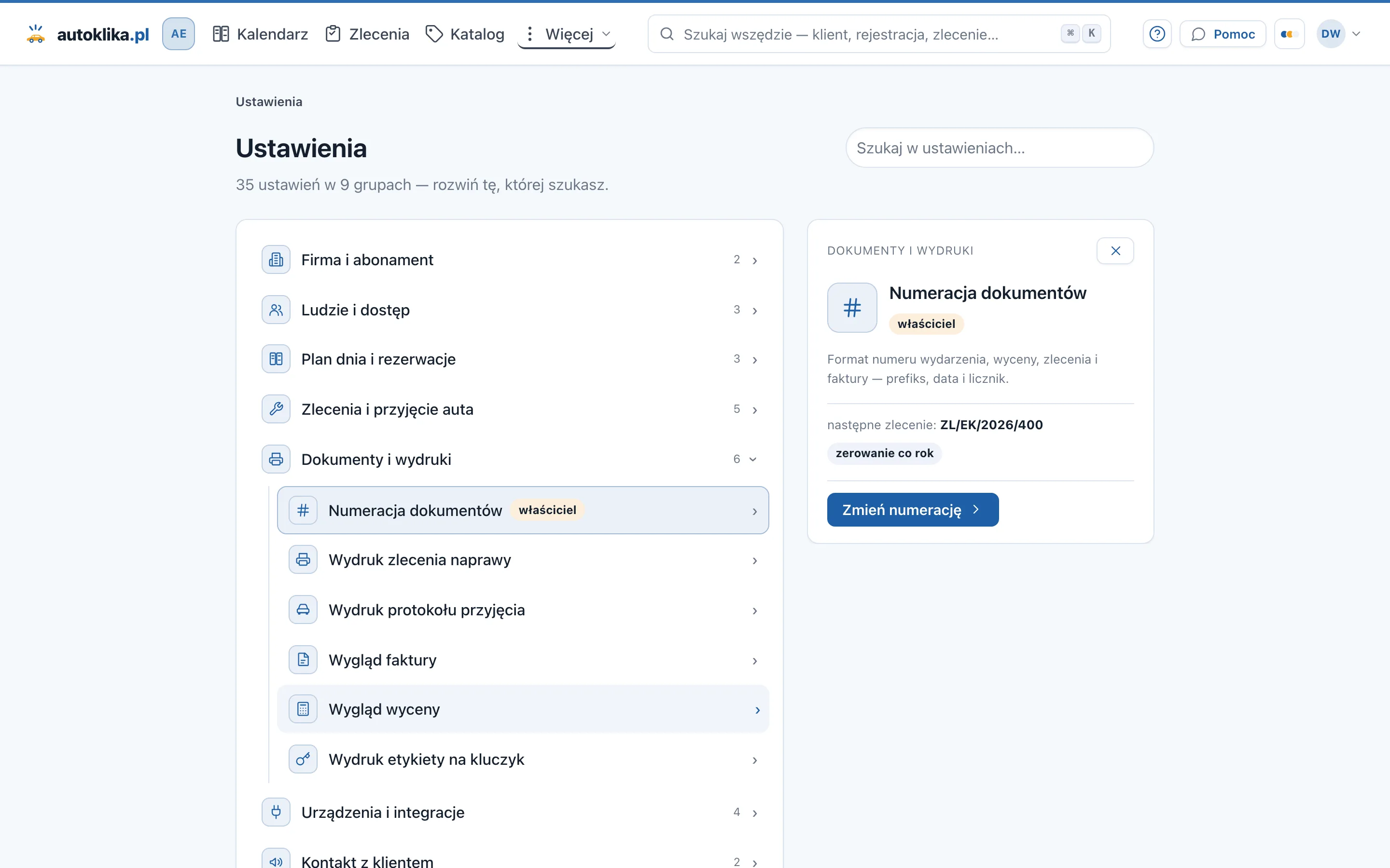 Ustawienia „Numeracja dokumentów” w autoklika.pl — format numeru i następny numer dla każdej serii