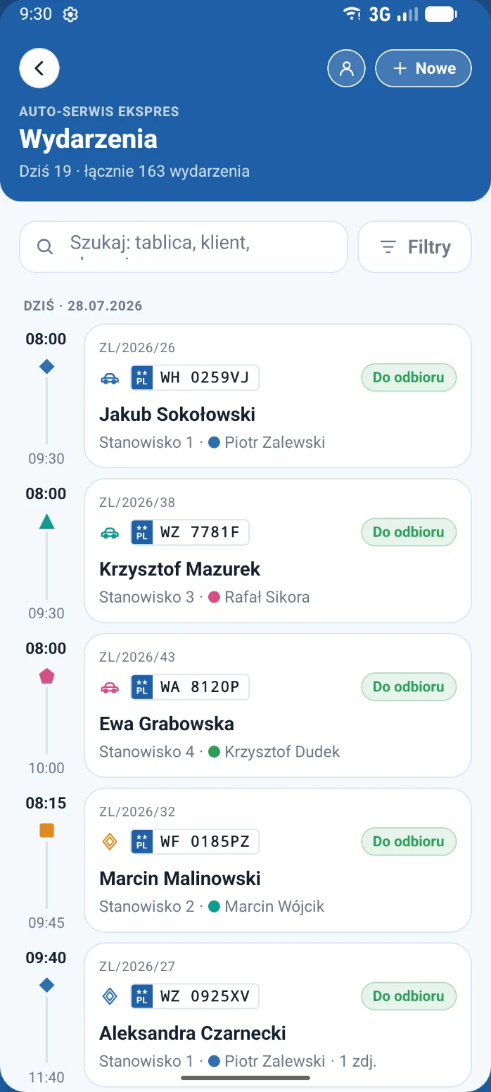 Ekran „Wydarzenia” w aplikacji autoklika - lista dzisiejszych zleceń z godzinami i tablicami
